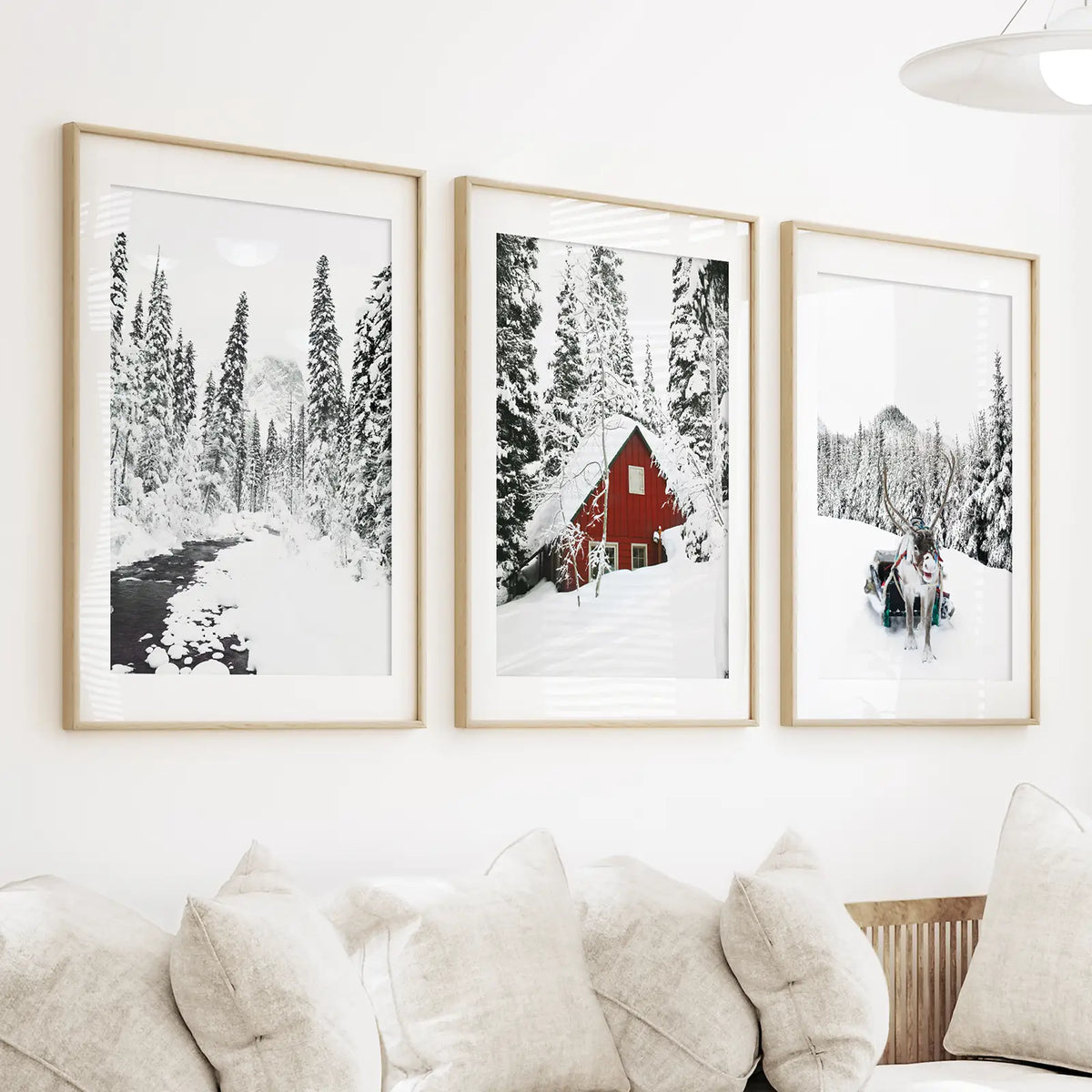 Winter Cabin Set of 3. Snowy Forest River, Red Cabin Landscape