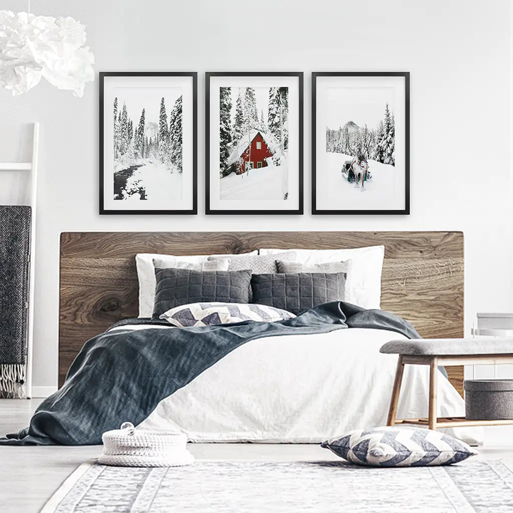Winter Cabin Set of 3. Snowy Forest River, Red Cabin Landscape