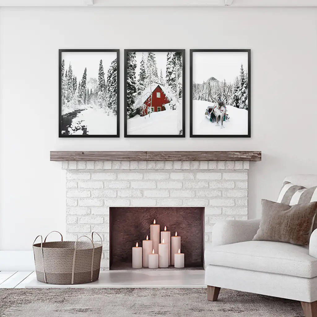 Winter Cabin Set of 3. Snowy Forest River, Red Cabin Landscape