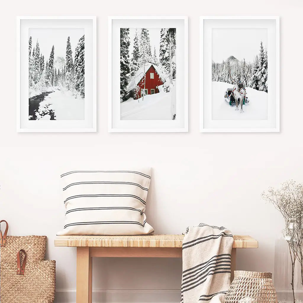 Winter Cabin Set of 3. Snowy Forest River, Red Cabin Landscape