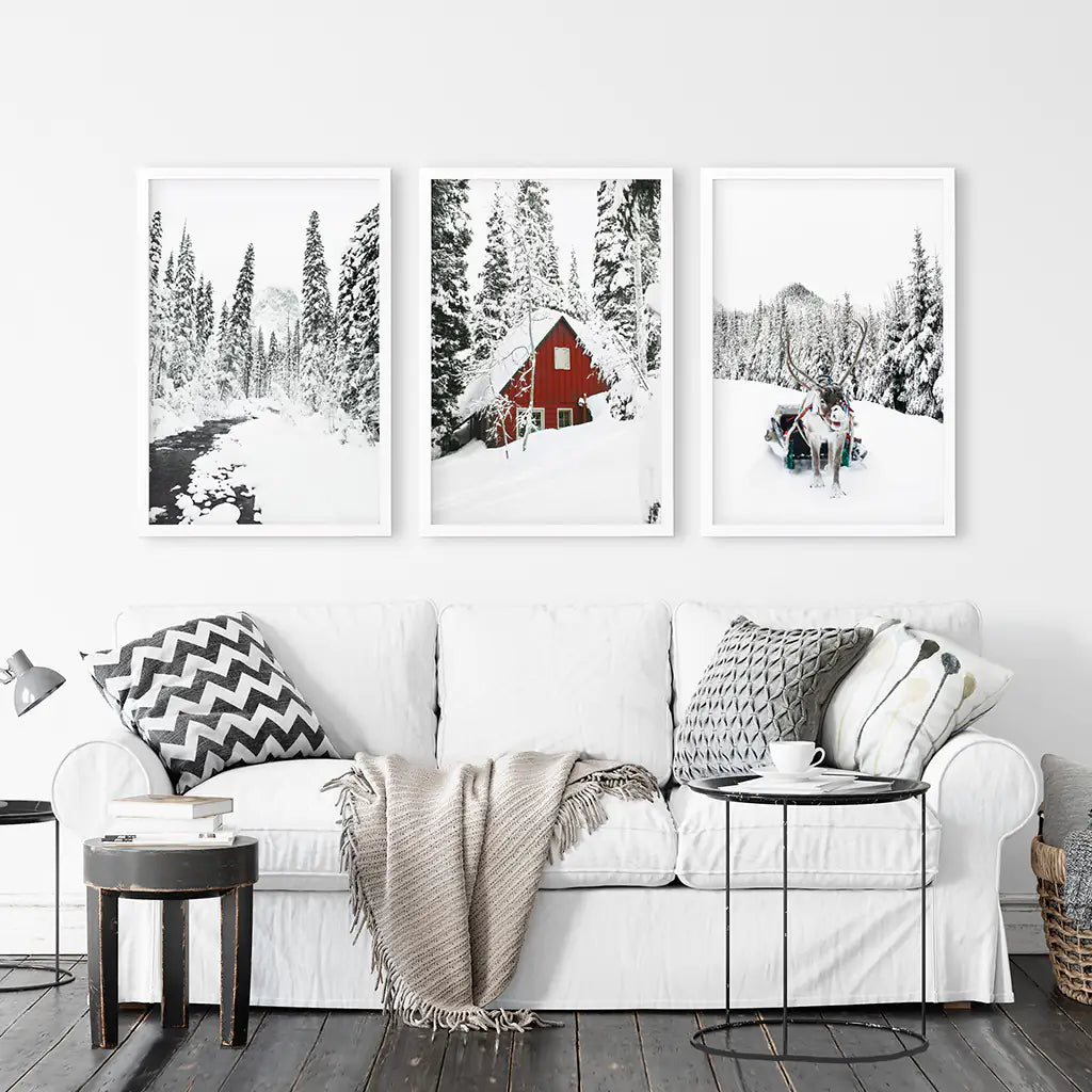 Winter Cabin Set of 3. Snowy Forest River, Red Cabin Landscape