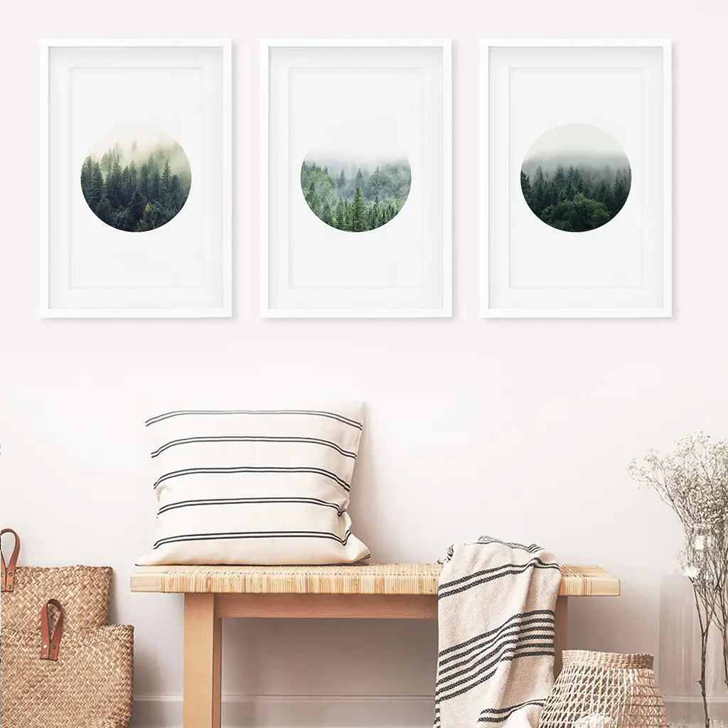 Nordic Forest Circle Wall Art. Set of 3 Scandinavian Prints