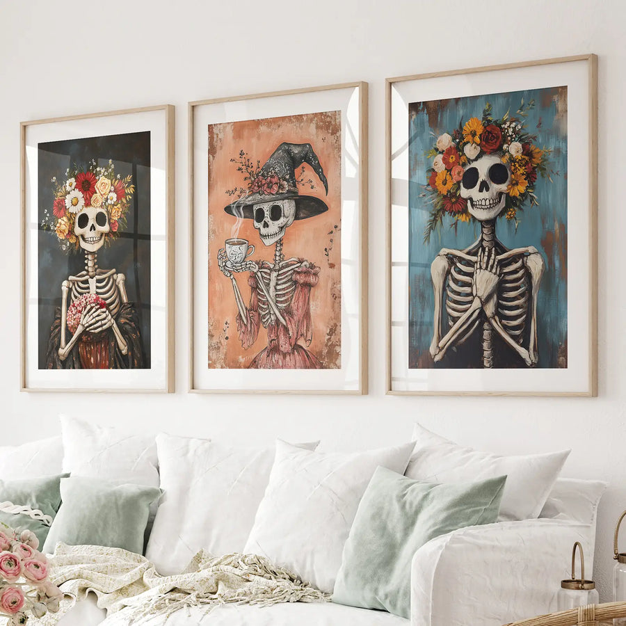 Cozy Floral Skeleton Wall Art Decor Poster Set