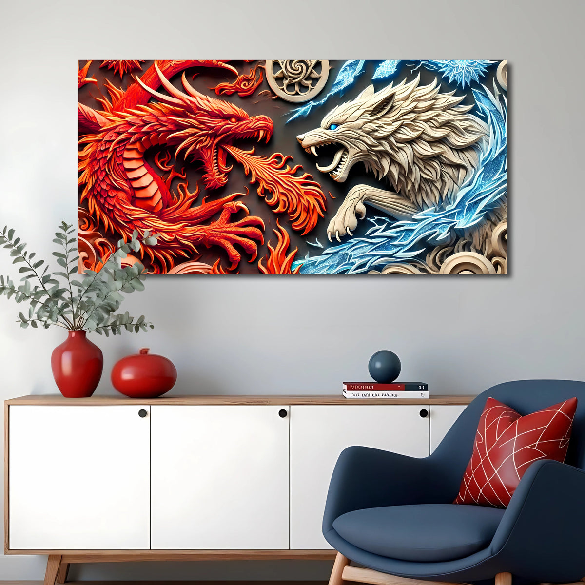 Dragon and Wolf Canvas Wall Art V