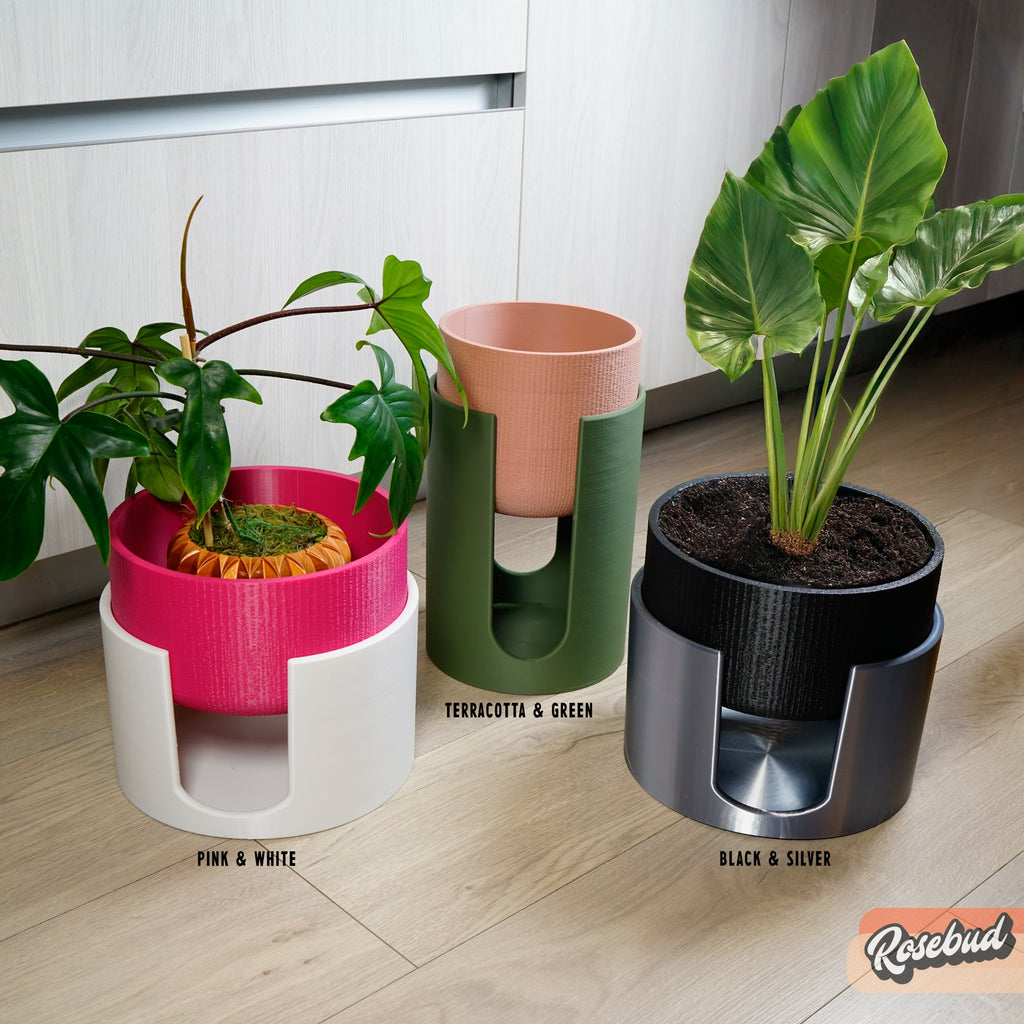 Modern Elevated Planter and Plant Stand Set - 2-Piece Plant Pot with Drainage in Multi Colors & Sizes, Mid-Century Modern Indoor Plant Stand