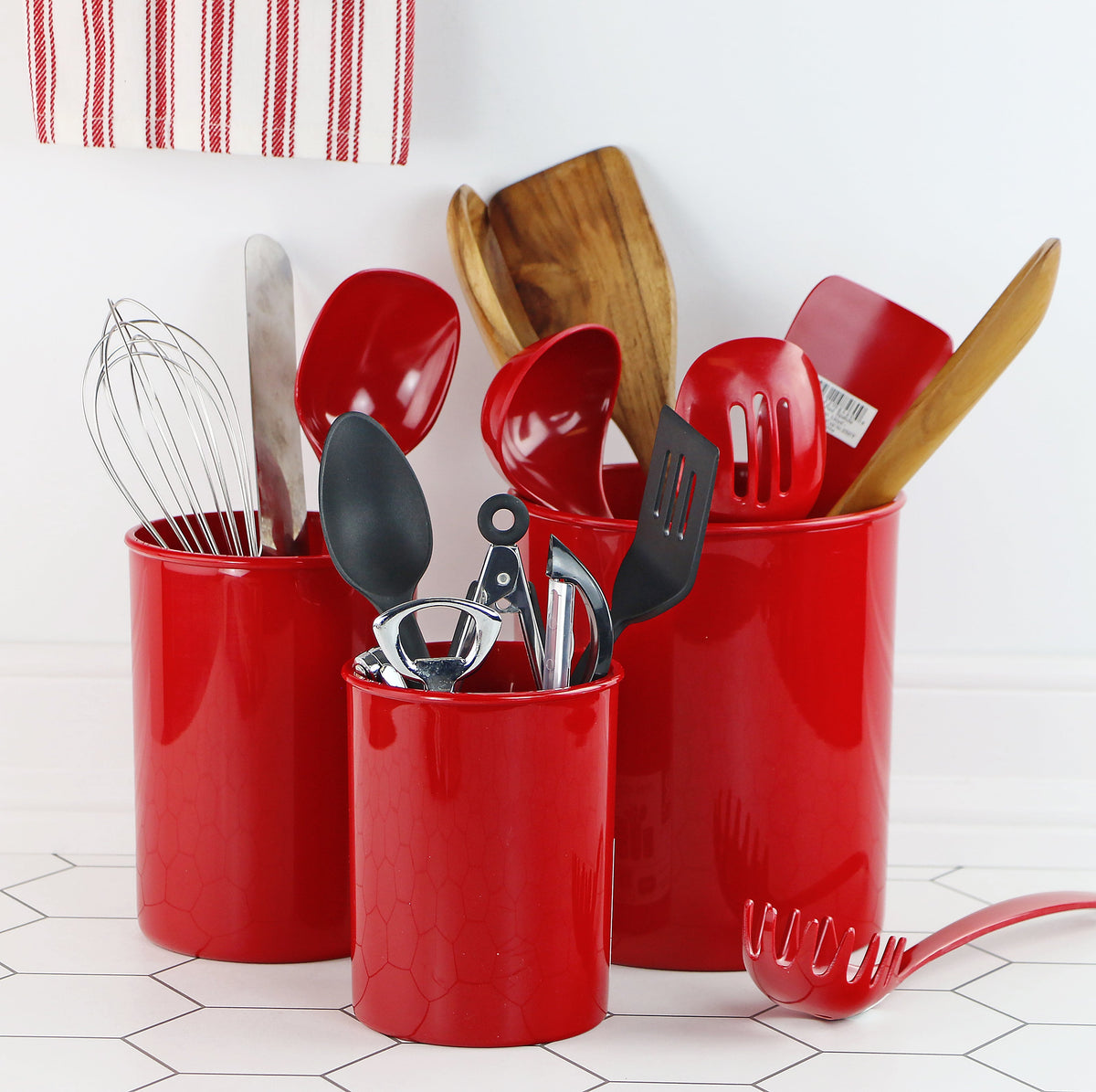 3-Piece Plastic Utensil Holder Set, Red