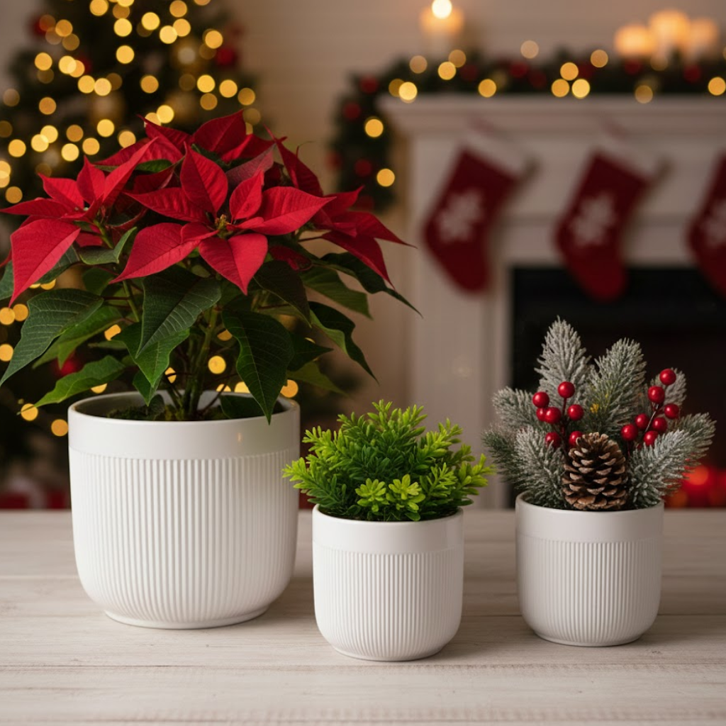 3-Piece White Stoneware Planter Pot Set with Vertical Line Texture