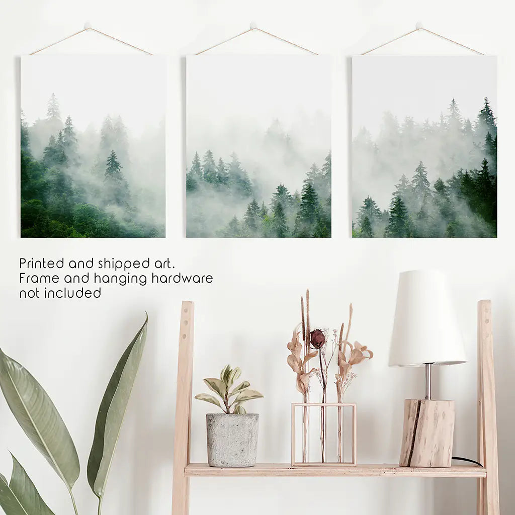 Evergreen Misty Forest Triptych. Set of 3 Prints