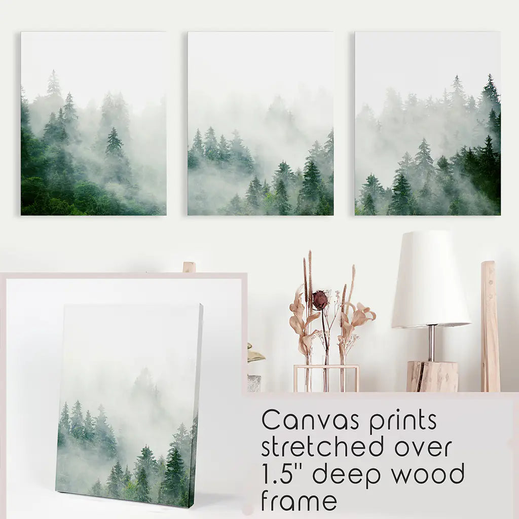 Evergreen Misty Forest Triptych. Set of 3 Prints