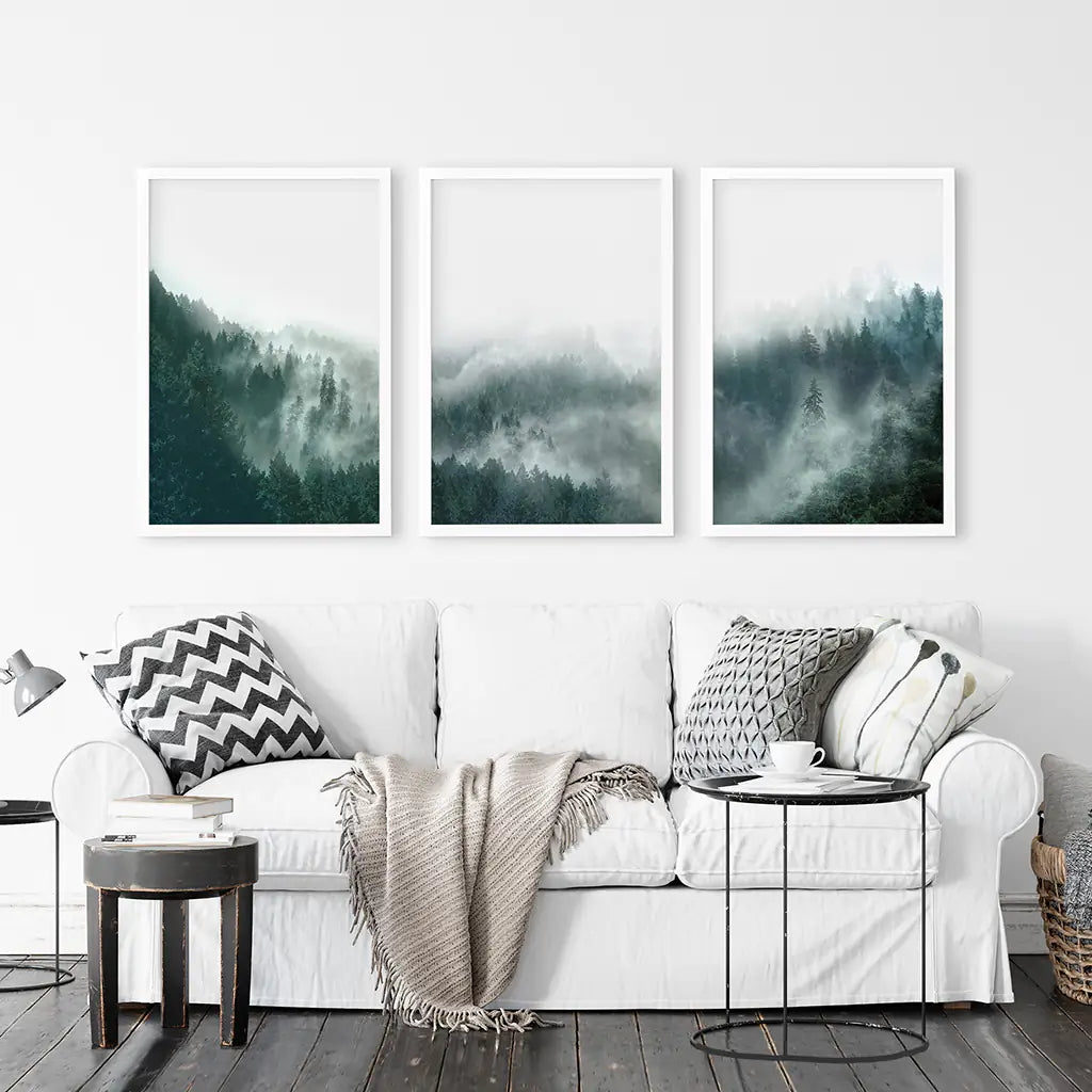 Large Foggy Forest Wall Art Set. Scandinavian Decor