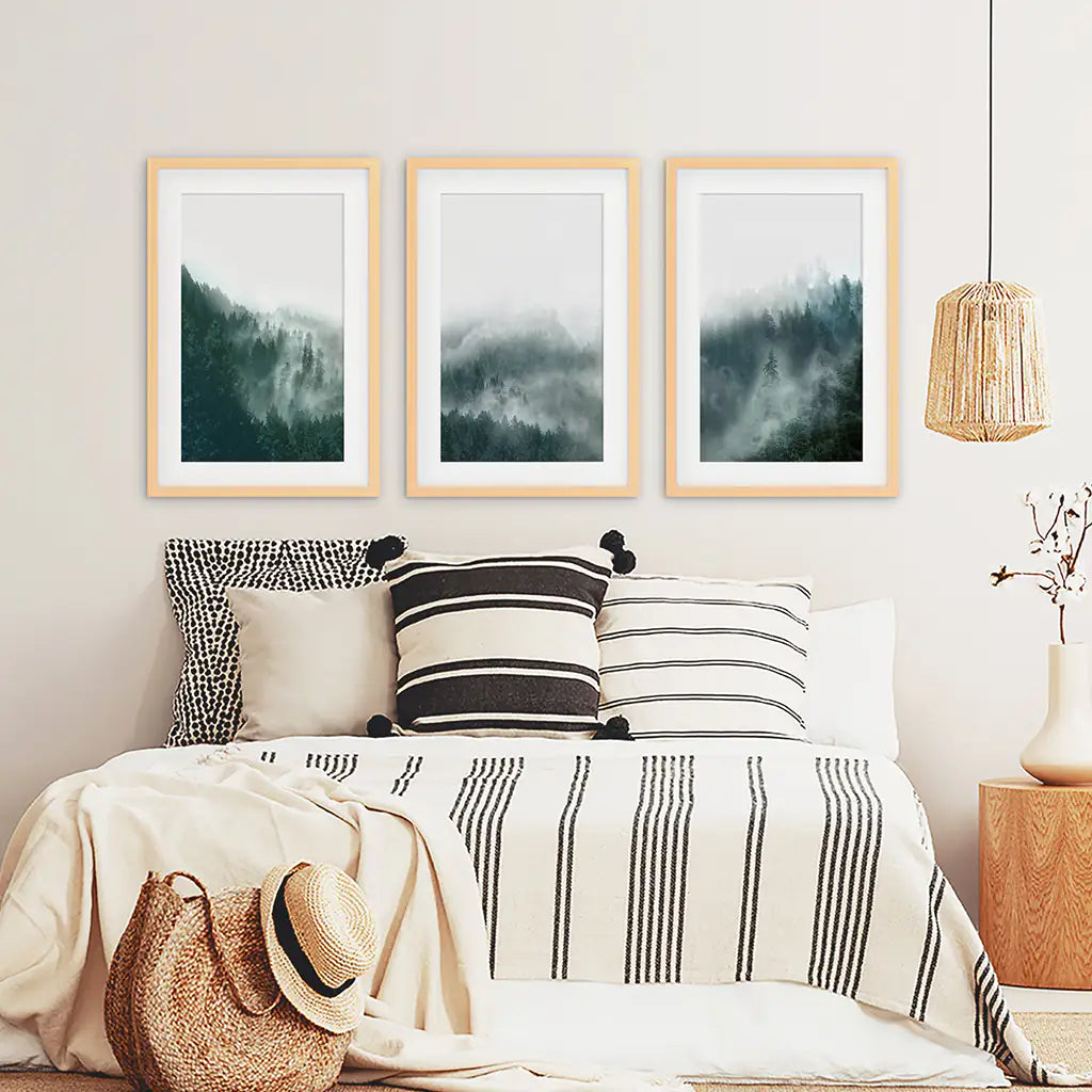 Large Foggy Forest Wall Art Set. Scandinavian Decor