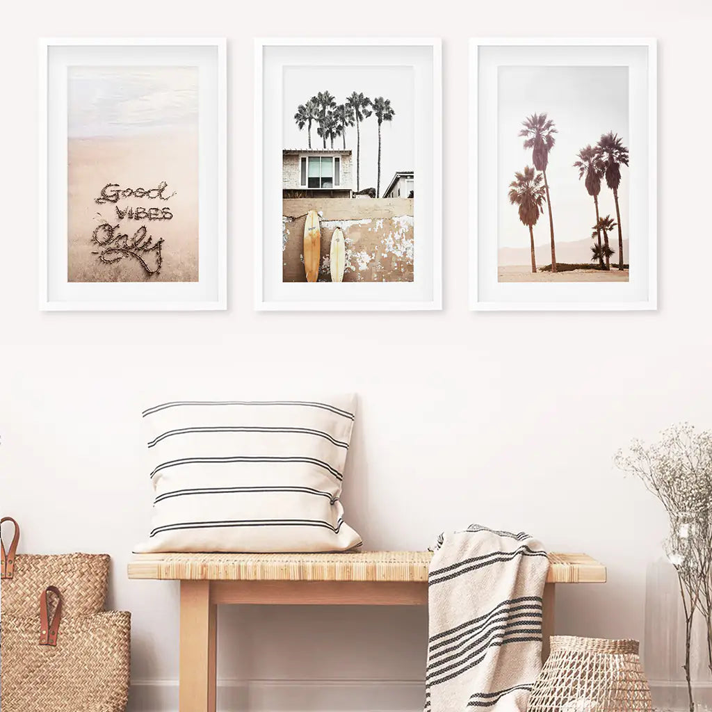 Boho Style Coastal Wall Decor. Good Vibes, Palm Trees, Surf