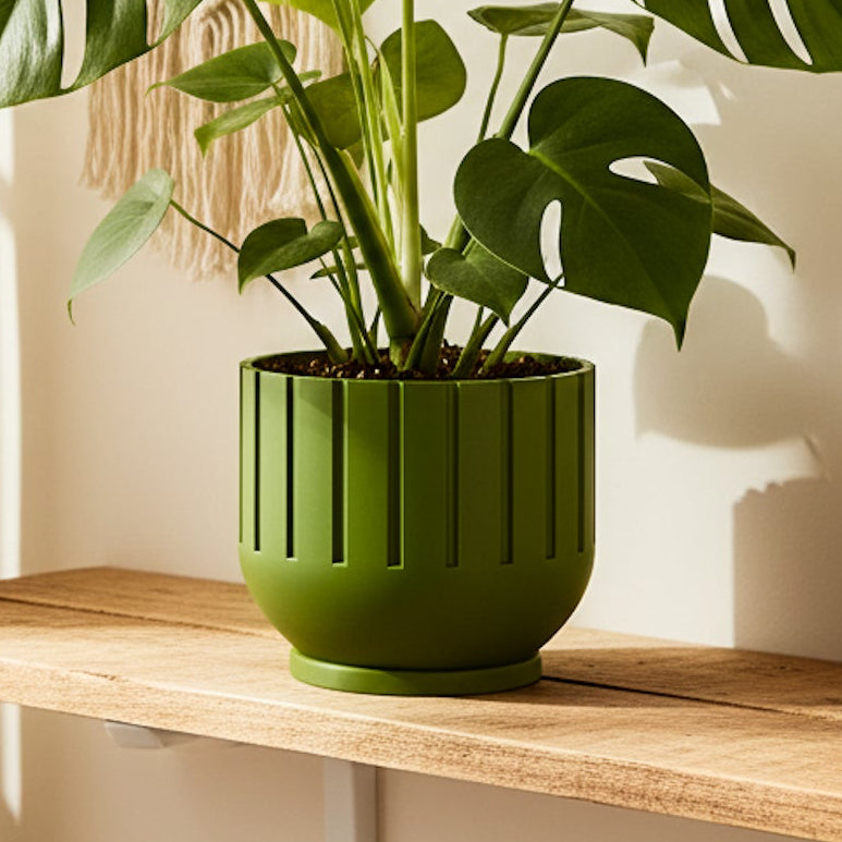 Modern Indoor Planter with Drainage – 3D Printed Fluted Plant Pot, Vertical Ribbed Design, Minimalist Decor Accent, Mid-Bubble
