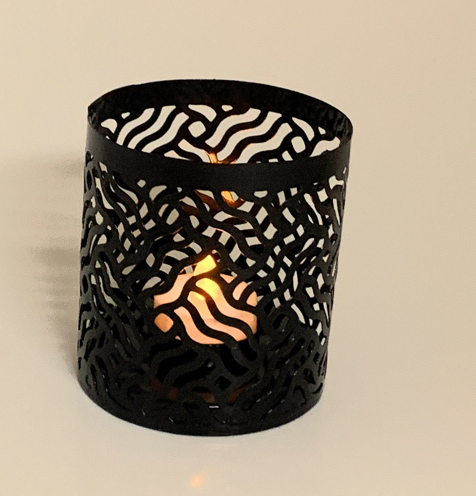 Vibhsa Votive Candle Holders | Set of 3, Black, Grey & Gold, Laser-Cut Design