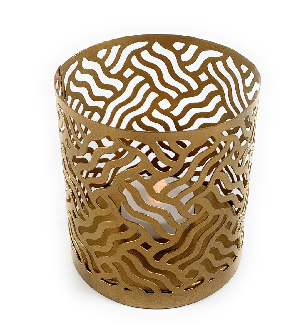 Vibhsa Votive Candle Holders | Set of 3, Black, Grey & Gold, Laser-Cut Design
