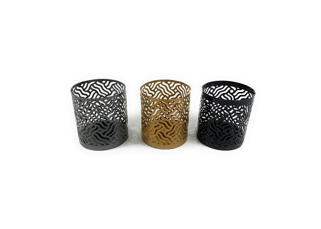 Vibhsa Votive Candle Holders | Set of 3, Black, Grey & Gold, Laser-Cut Design