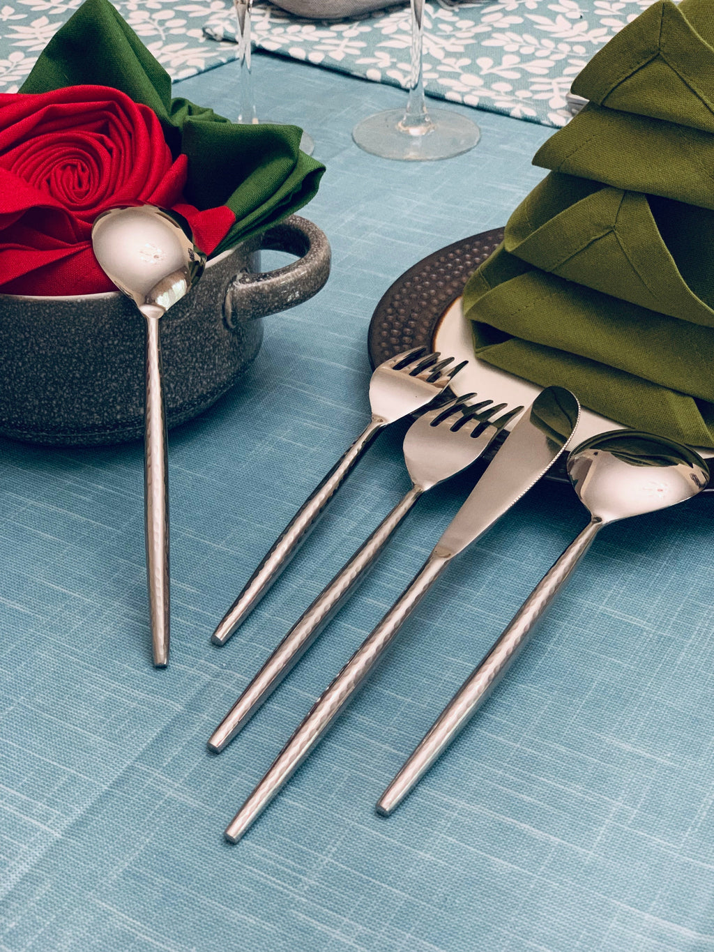 Vibhsa Hammered Silver Flatware Stainless Steel Set of 20