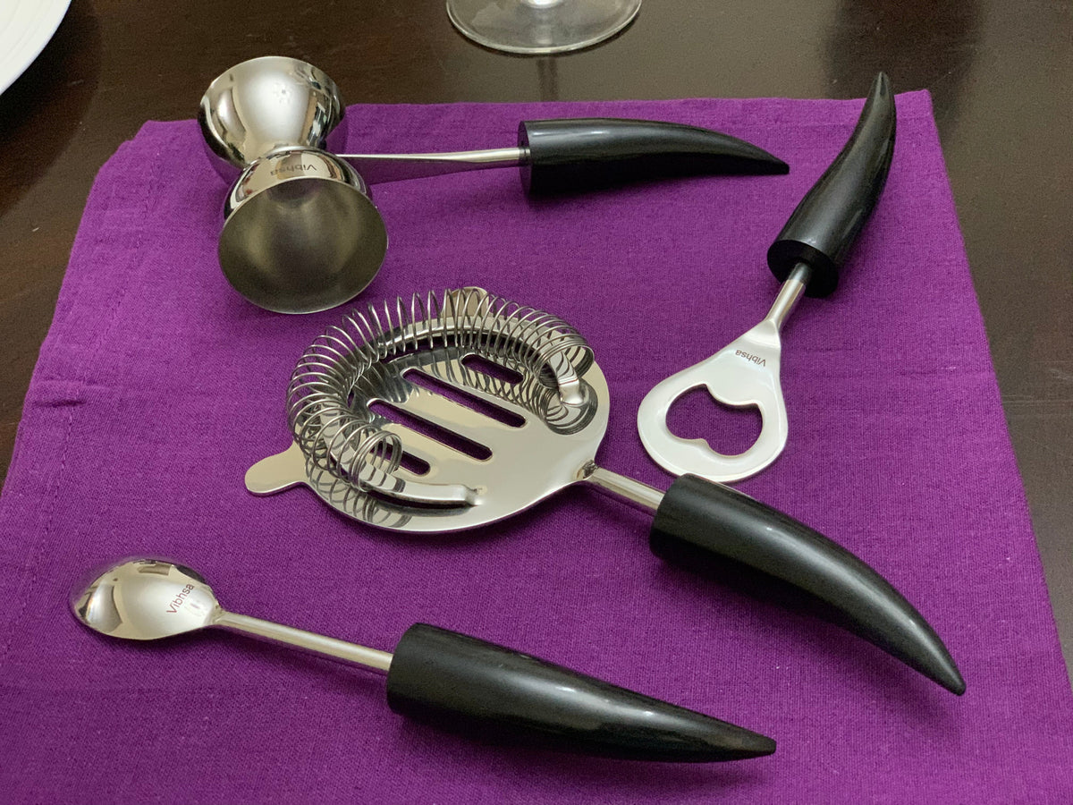 Vibhsa 4-Piece Bar Tools Kit | Black Horn Resin Handle, Stainless Steel, Gift Box