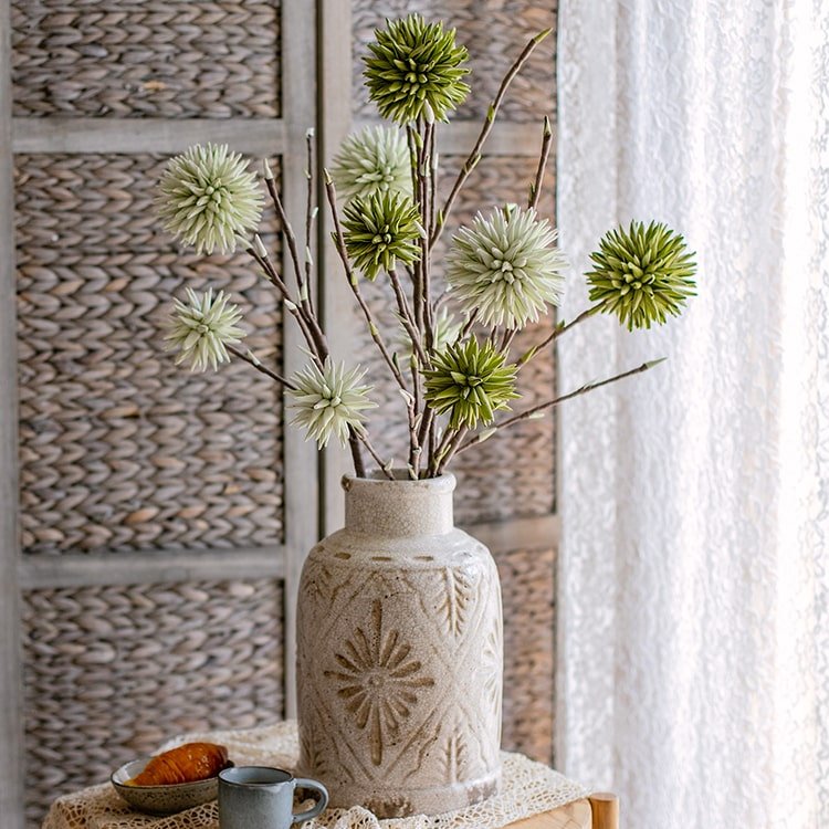 Artificial Ball Flower Twig Stem in Green or Green White