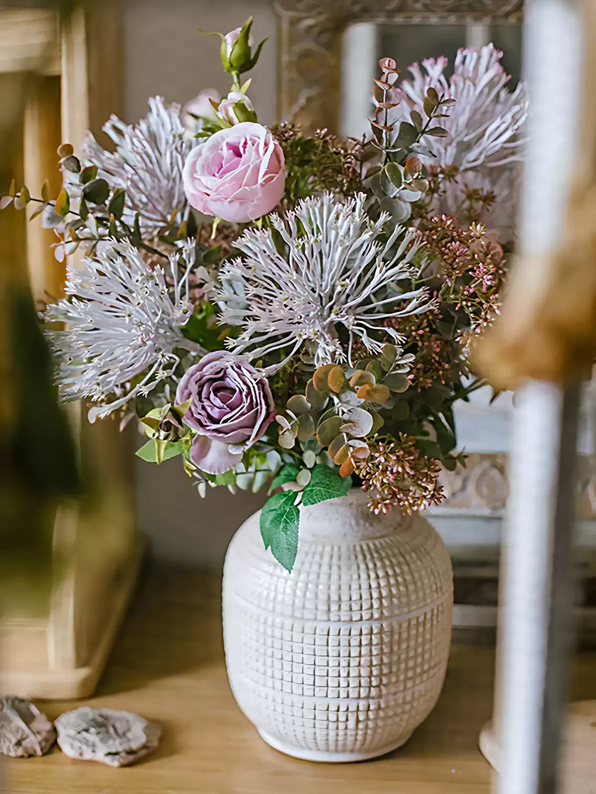 Rustic Lavender Bloom Artificial Rose Bouquet – 18.9" Tall