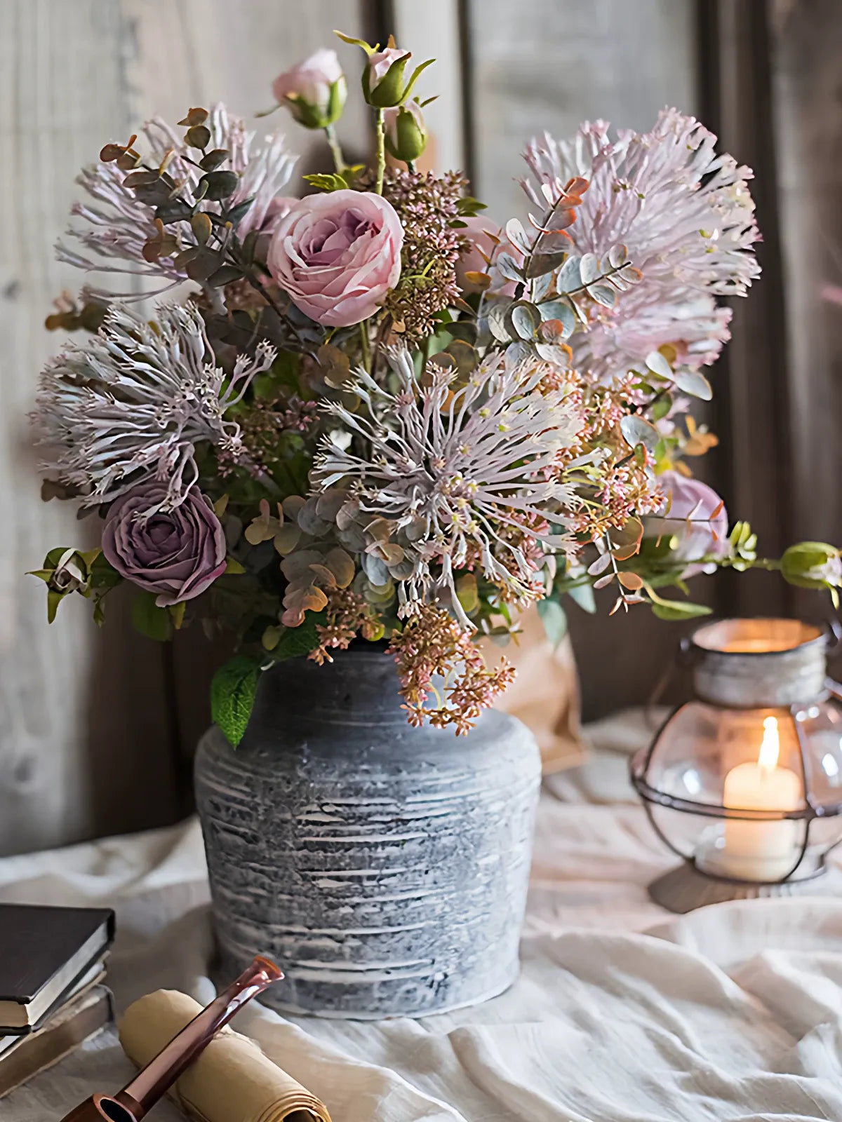 Rustic Lavender Bloom Artificial Rose Bouquet – 18.9" Tall