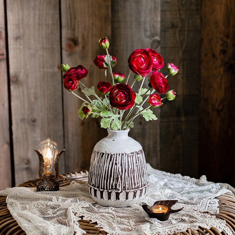 Artificial Silk-Look Buttercup Flower Bundle in Red Burgundy 21" Tall