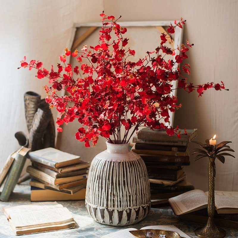 Artificial Impressionist Oncidium Orchid Stem in Red 31" Tall