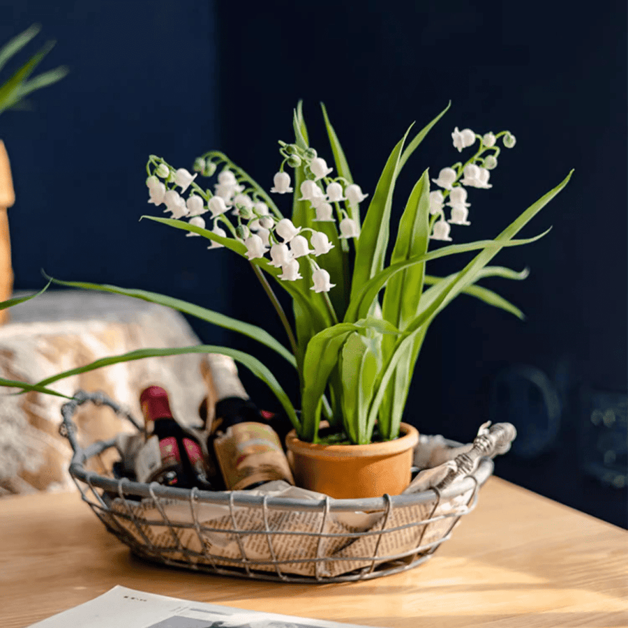 Faux Lily of the Valley in Brown Pot