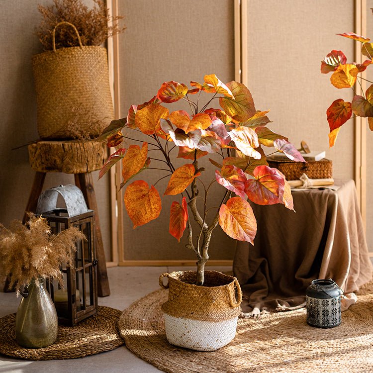 Artificial Silk Red Leaf Banyan Tree in Pot