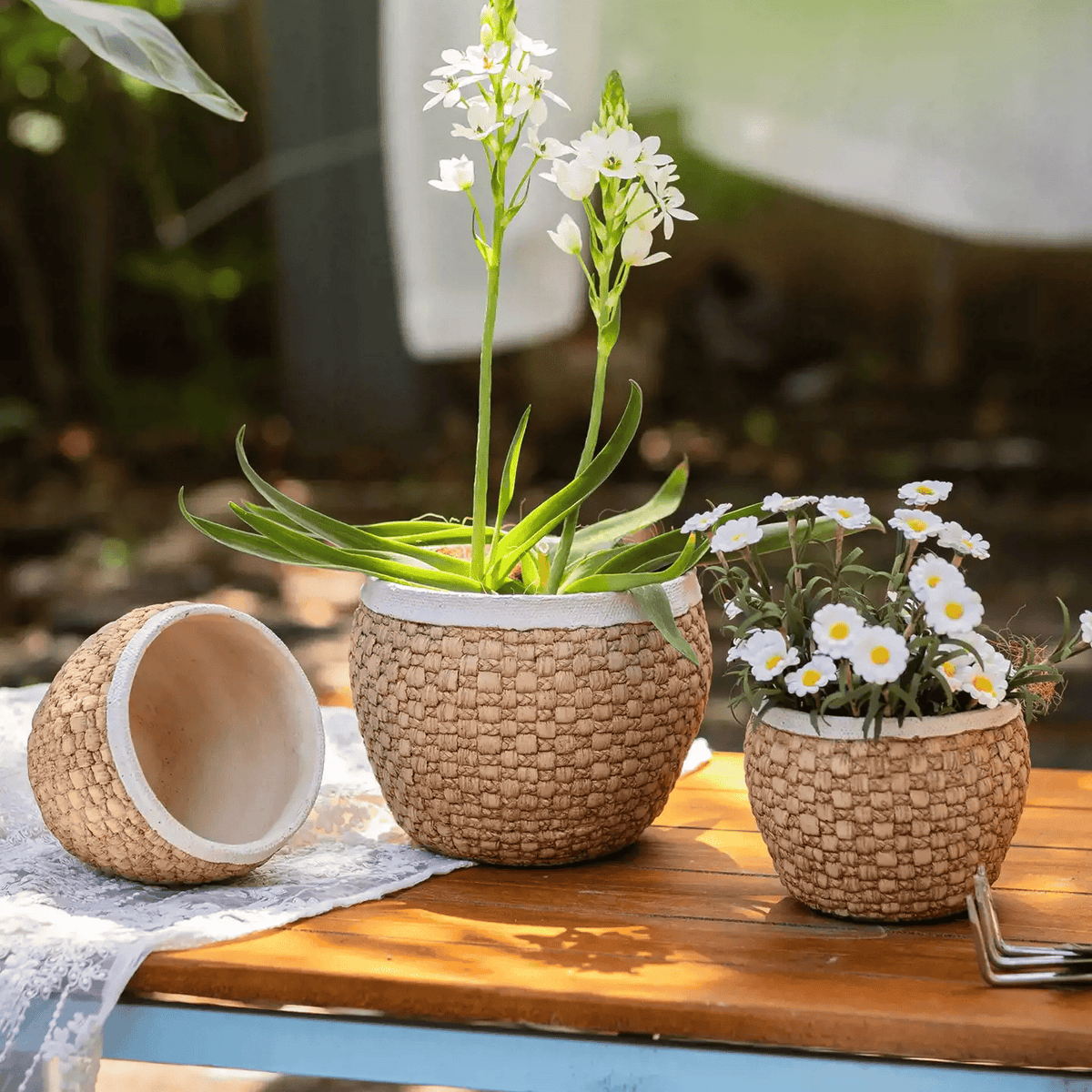 Woven Rattan-Look Cement Planter