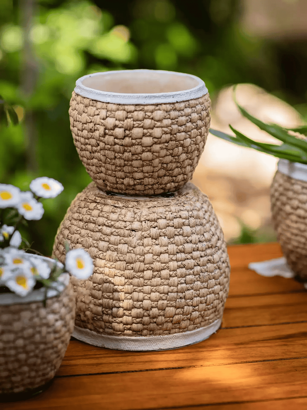 Woven Rattan-Look Cement Planter