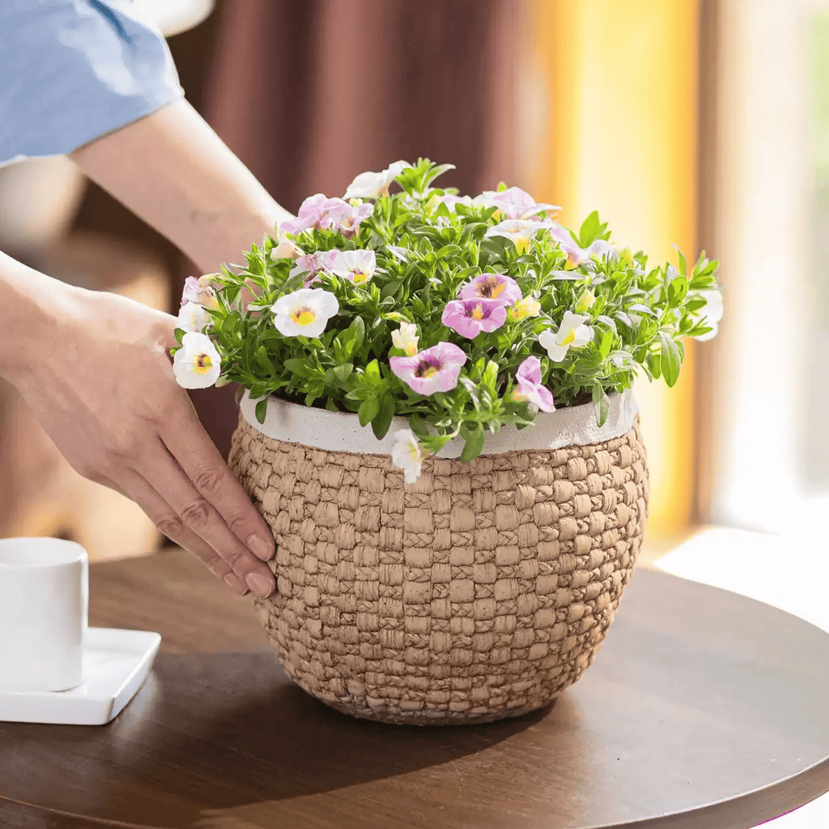 Woven Rattan-Look Cement Planter