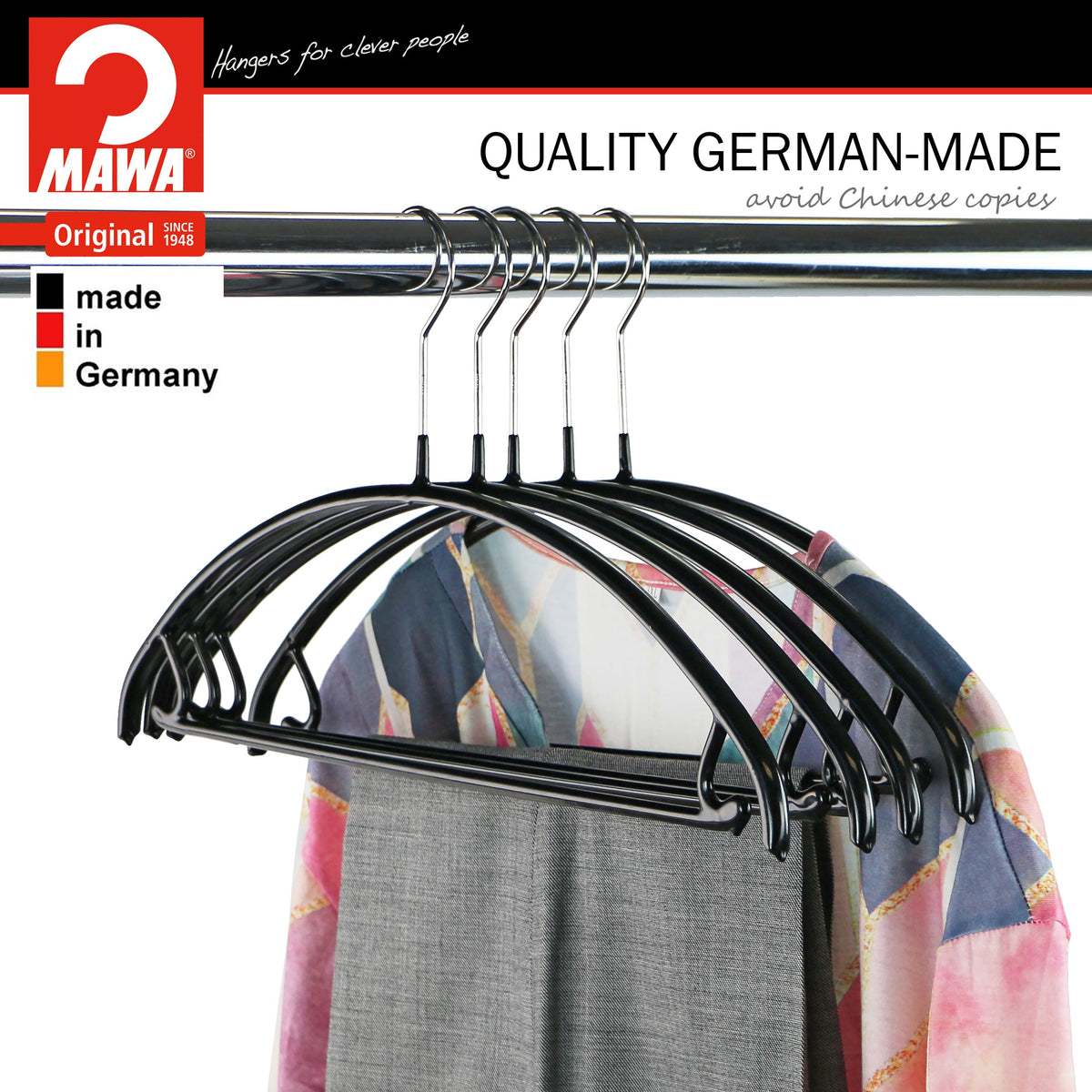 MAWA Euro 42-U Hanger with Pant Bar & Skirt Hooks, Black