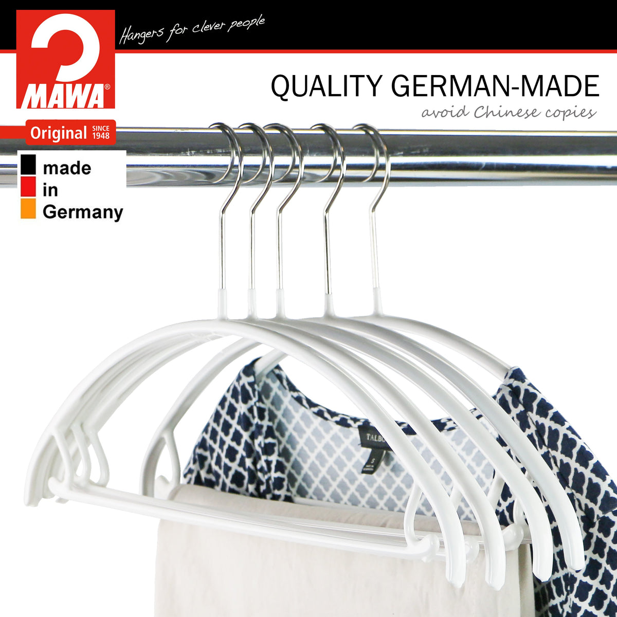 MAWA Euro 36-U Hanger with Pant Bar & Skirt Hooks Narrow Version, White