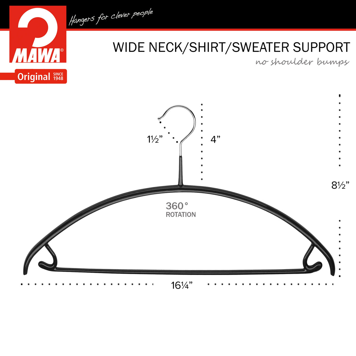 MAWA Euro 42-U Hanger with Pant Bar & Skirt Hooks, Black