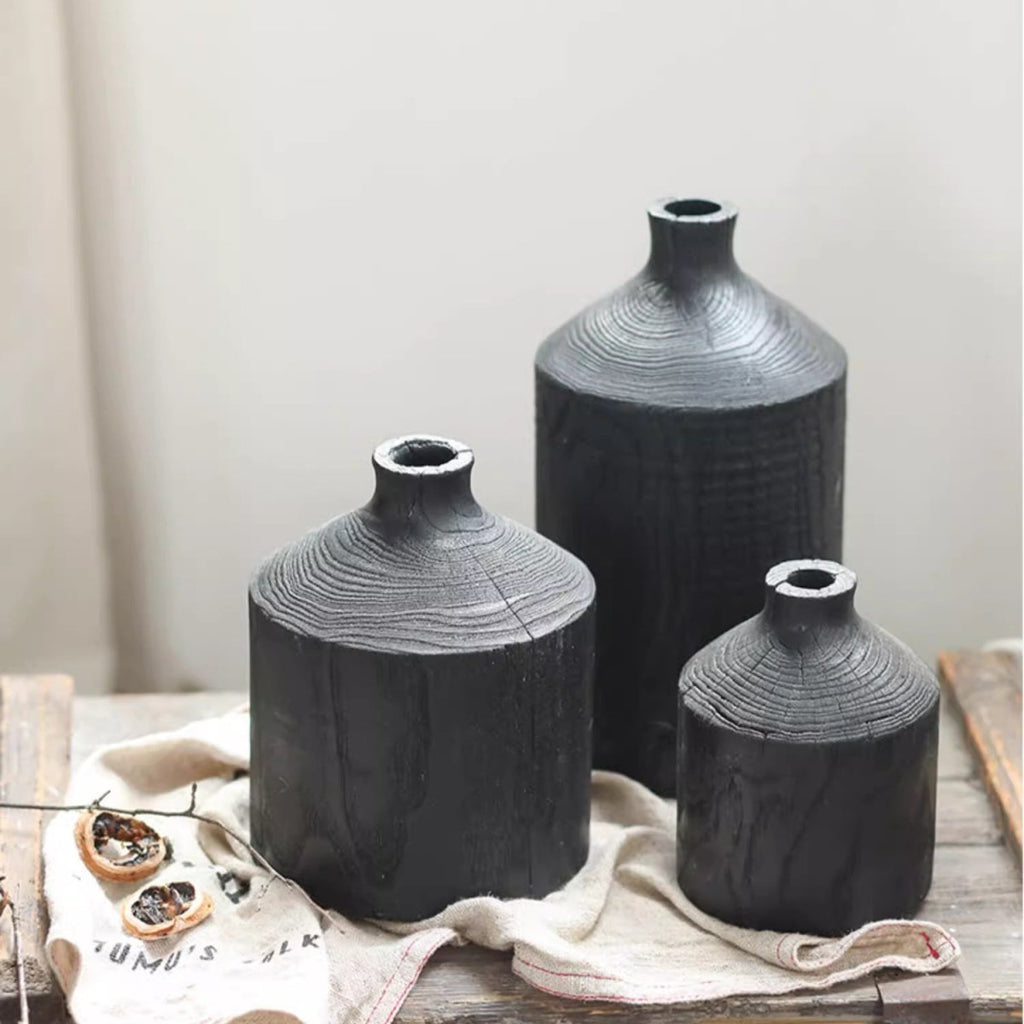 Black Narrow-Neck Wooden Decorative Vase