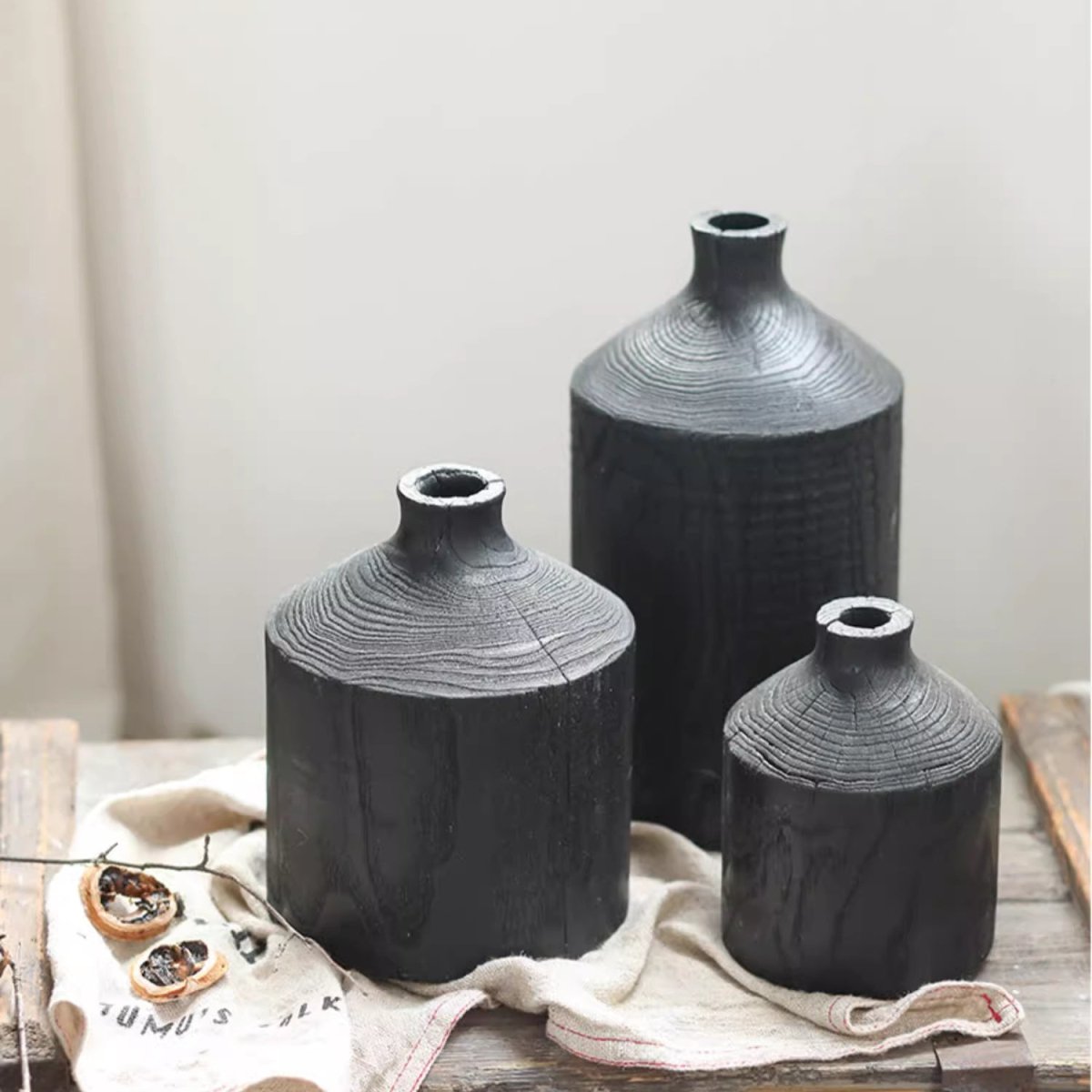 Black Narrow-Neck Wooden Decorative Vase