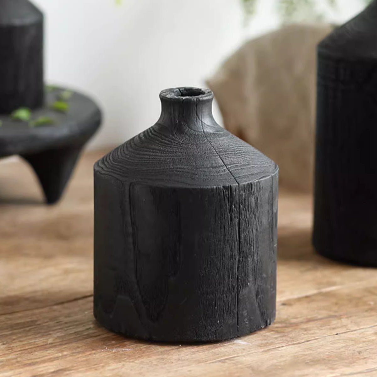 Black Narrow-Neck Wooden Decorative Vase