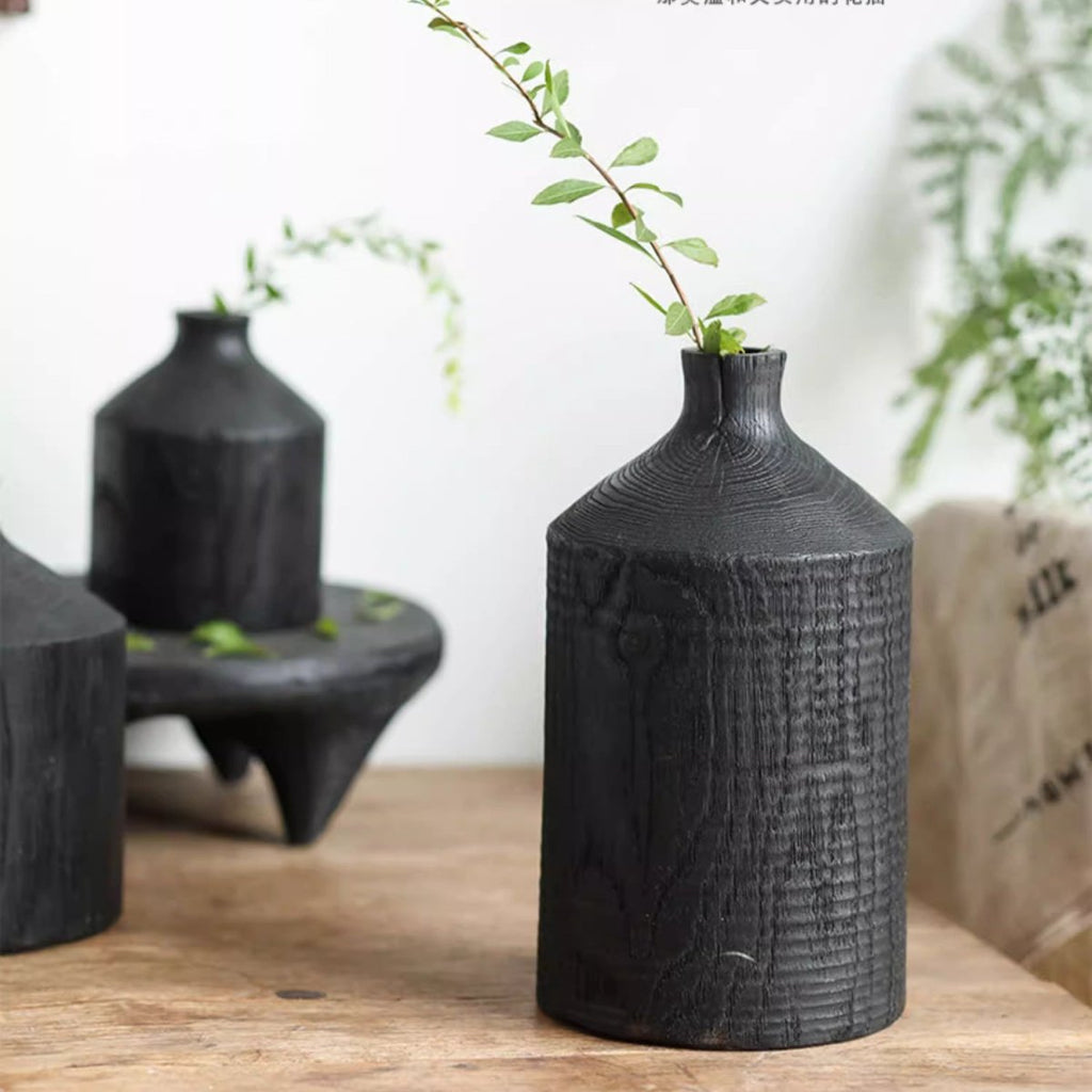 Black Narrow-Neck Wooden Decorative Vase