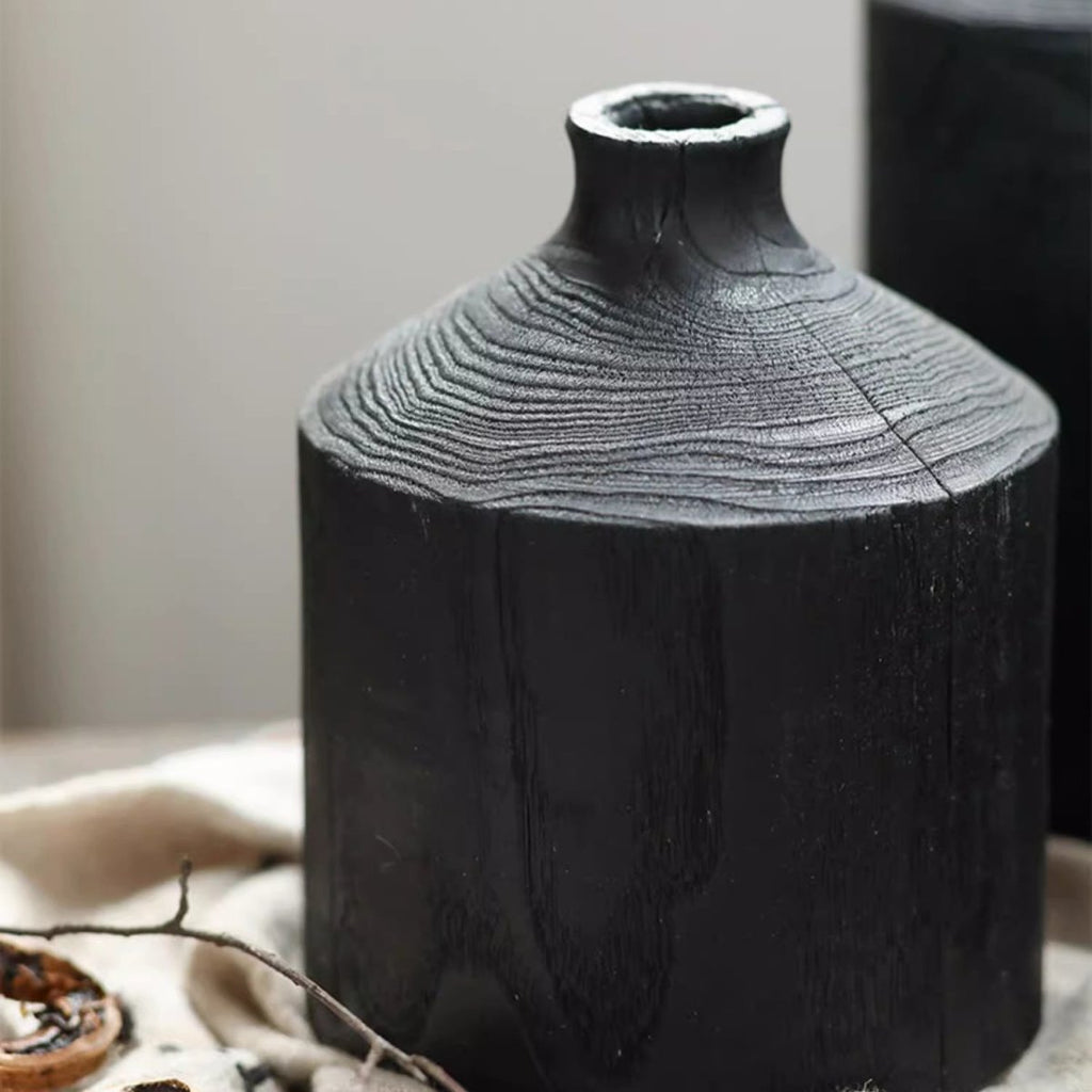 Black Narrow-Neck Wooden Decorative Vase