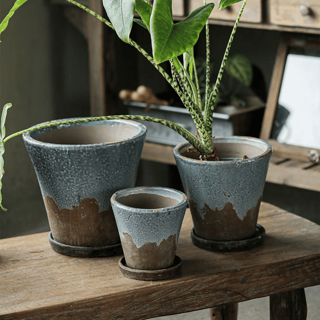 Weathered Heritage Ceramic Flower Pot with Saucer
