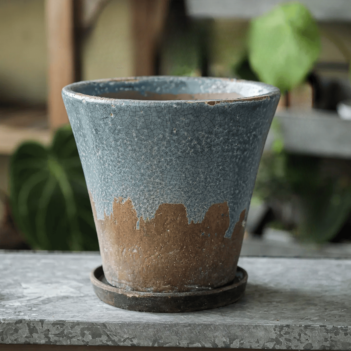 Weathered Heritage Ceramic Flower Pot with Saucer