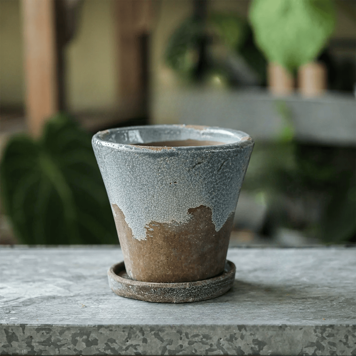 Weathered Heritage Ceramic Flower Pot with Saucer