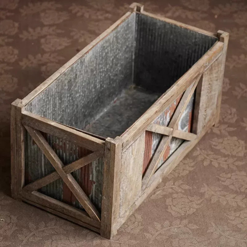 Weathered Wood and Metal Garden Storage Planter