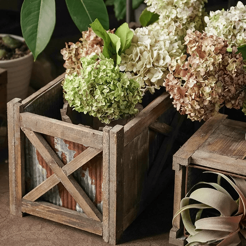 Weathered Wood and Metal Garden Storage Planter