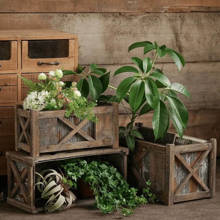 Weathered Wood and Metal Garden Storage Planter