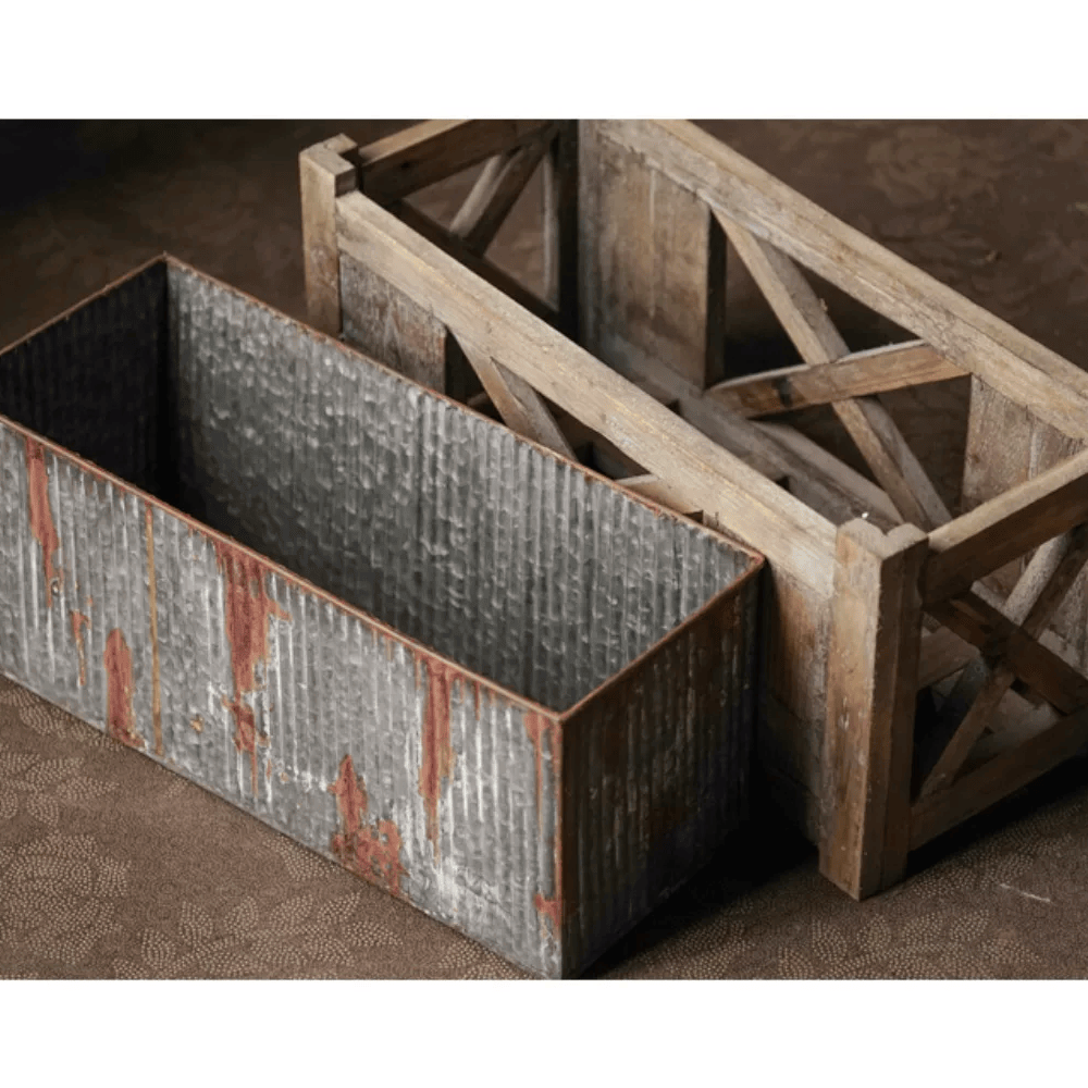 Weathered Wood and Metal Garden Storage Planter
