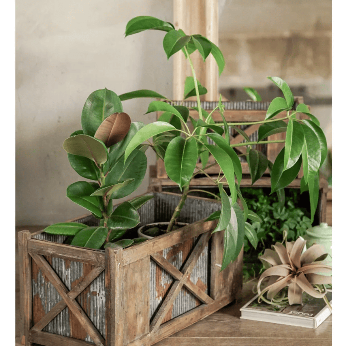 Weathered Wood and Metal Garden Storage Planter