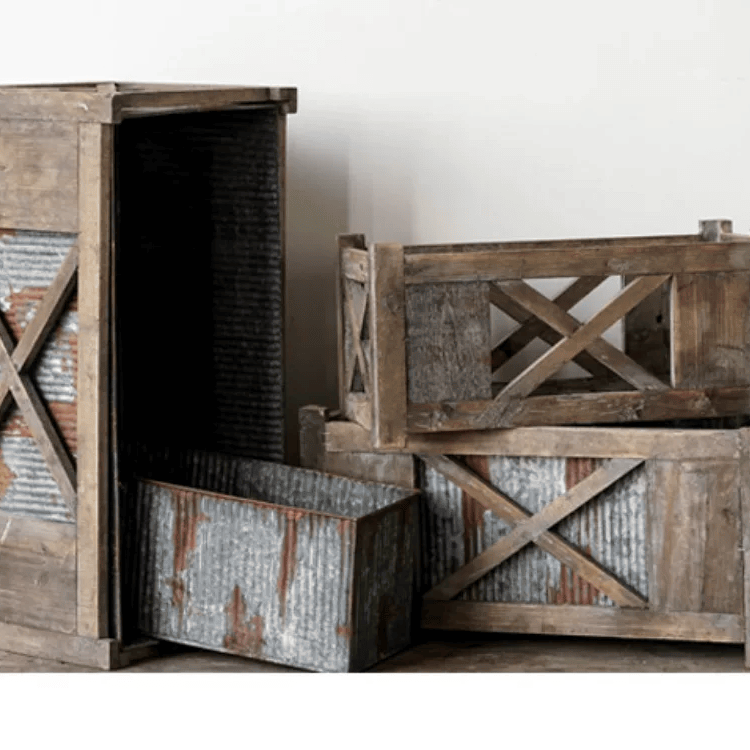Weathered Wood and Metal Garden Storage Planter