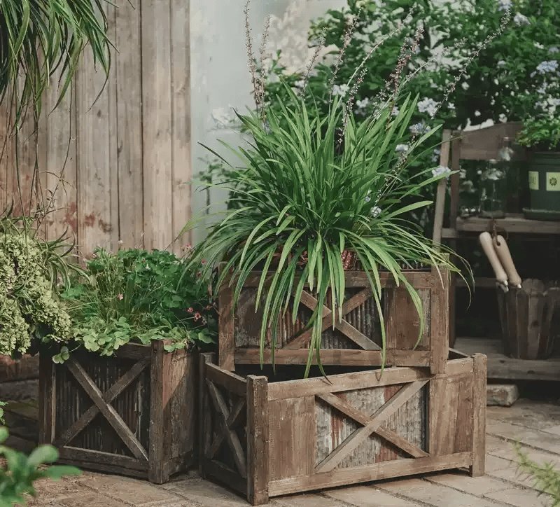 Weathered Wood and Metal Garden Storage Planter